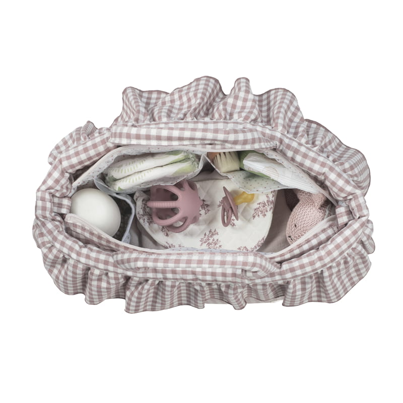 Praliné pelenkázó táska tágas belső tere babaholmikkal és zsebekkel