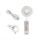 Walking Mum virágmintás babakocsi ventilátor USB töltőportja és tartozék kábele