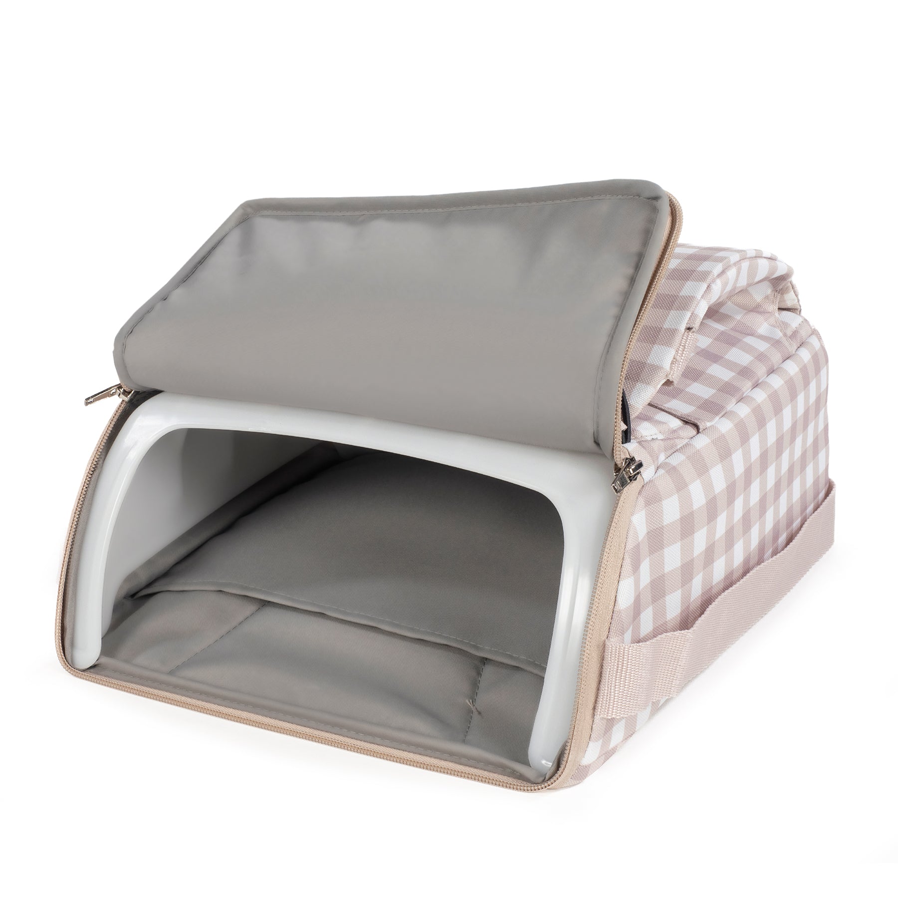 Könnyen tisztítható, táskaként is pakolható Walking Mum textil székmagasító kockás mintával, bézs színben