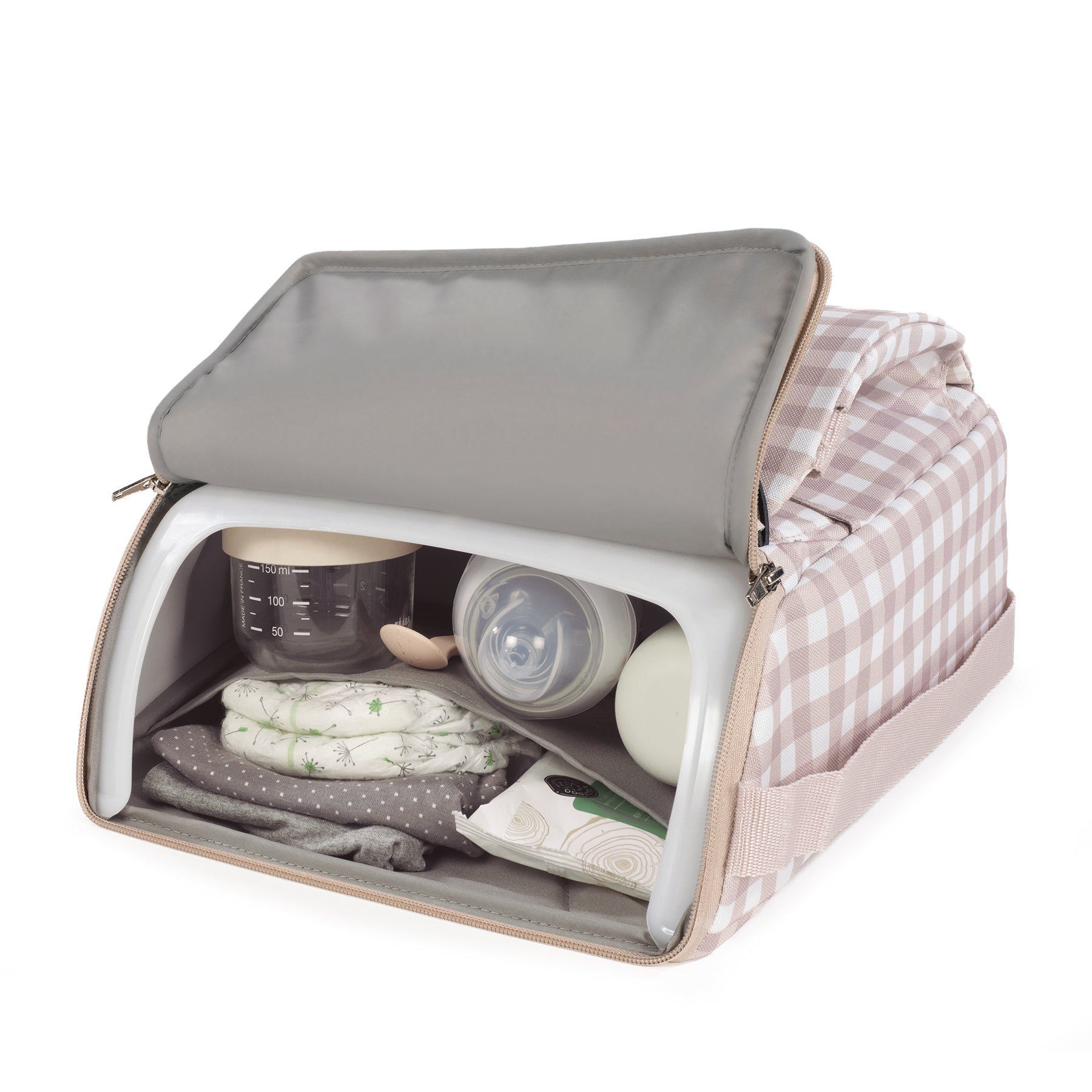 Táska és székmagasító egyben: Walking Mum textil székmagasító kockás mintával, bézs színben