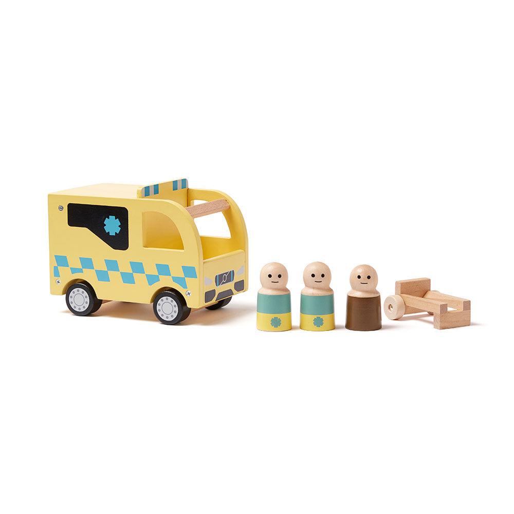 Fa játék gyerekeknek - mentő autó három figurával, hordággyal - pippadu - Kid's Concept