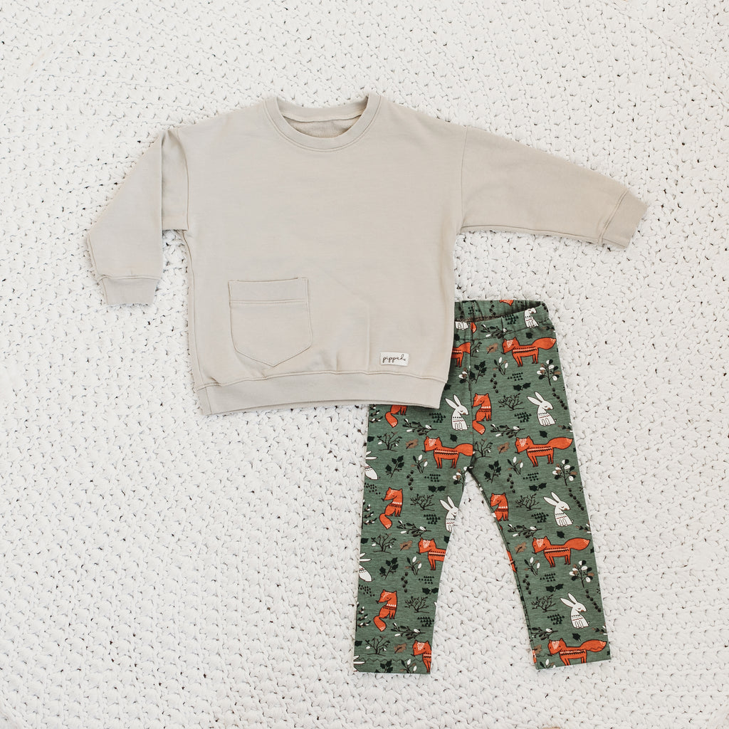 Gyerek pulóver és leggings: szezám + rókás - zöld alapon róka mintás leggings gyerekeknek